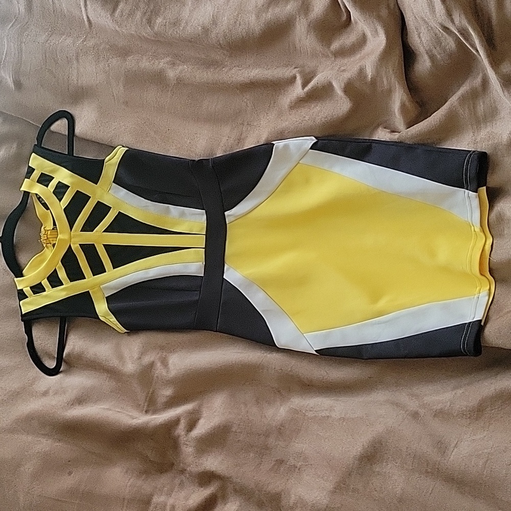 Alt  B women's yellow, black, and white color block midi dress. Size S. Like new